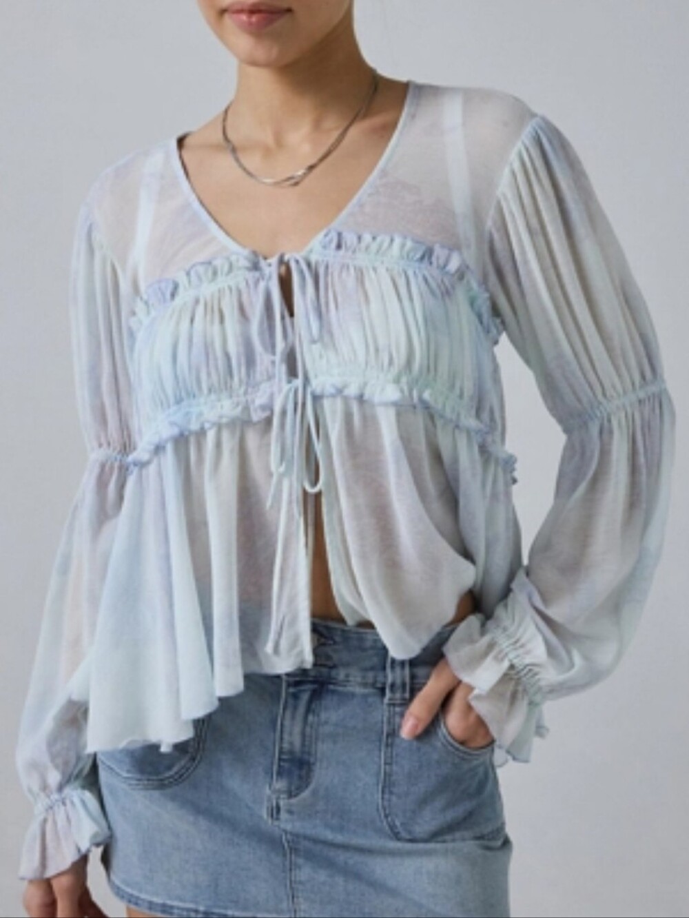 Kimchi Blue Amelia Sheer Tie-Front Bell sleeves Blouse Sz L